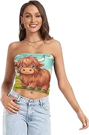 [RPLIFE] Cartoon Cute Highland Cow Crop Top, Strapless Top Going Out, Sheer Tube Tops, Sexy Tube Tops (S)