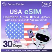 Jethro Mobile - eSIM USA, Quick Activation, 5GB High-Speed Data, Unlimited Talk