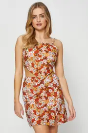 Print Linen Blend Floral Print Front Split Mini Skirt - Size 10, Women's Short Pencil