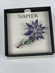 Vintage Napier Purple Lucite and Rhinestone Flower Brooch Signed