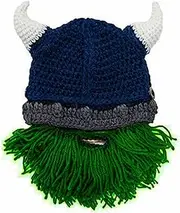 [WUODHTW] Viking Small Horned Mustache Handmade hat Creative Barbarian Knit Beard Hat Funny Knit Hat Wig Beanie Hat Facemask