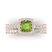1.60 Princess Cut Halo Natural Peridot Promise Bridal Band set 14k Rose Gold