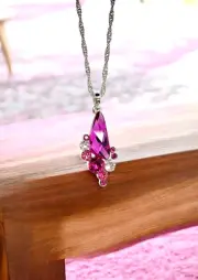 Fuchsia Cluster Drop Swarovski Elements Crystal Necklace 18K Gold Plated 16-18"