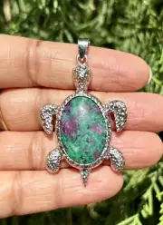 Oxidized Silver Hindu Religious TURTLE TORTOISE Pendant Locket, Ruby Zoisite