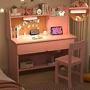 SFDOU Pink Desk and Chair Set for 5-12 Year Old,Kids Study Desk with 3-Color Lights, Kids Study Table with Charging Station, Study Table with Drawers and Storage Shelf-XD10