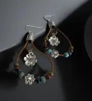 Handmade Leather Dangle Earrings With Multicoloured Beads