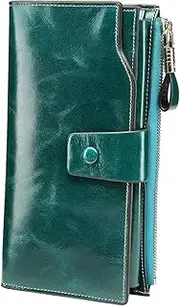 [Itslife] Women's RFID Blocking Large Capacity Luxury Wax Genuine Leather Clutch Wallet Card Holder Ladies Purse(Green RFID Blocking)