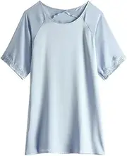 [Ginell] Women's 100% Silk Nightgown Short Sleeve Shirt Casual Dress and Night Shirt Lace, Silk Sleep Shirt, Bluish Grey, X-Large