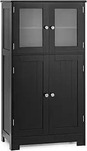 [Giantex] Bathroom Storage Cabinet, Kitchen Pantry Cabinet w/Tempered Glass Doors & Adjustable Shelf, Freestanding Wooden Floor Cabinet w/Anti-toppling Device for Dining Room & Living Room (Black)