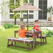 CostwayKids Table &amp; Bench Set with Umbrella &amp; Cushions for Indoor Outdoor Activity-Brown