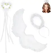White Angel Wings Decoration with Halo and Wand - Feather Wings, Women's Costume for Party Fancy Dress