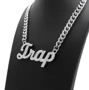 Hip Hop Iced Silver Plated TRAP Pendant & 9mm 18" Cuban Choker Chain Necklace