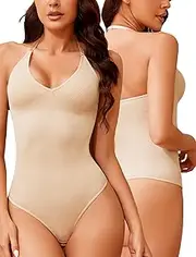 [ZOEMAXIA] Neckholder Shapewear Bodysuit Thong Backless Tummy Control Body Shaper G String Seamless Sculpting Bodysuit With Open Crotched Hooks and Eyes
