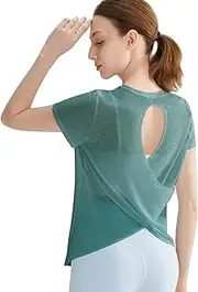 [TianheInnove] Women's Yoga T-Shirt Summer Cross-Back Loose Fit Workout Top,Breathable Mesh Gym Shirt for Running