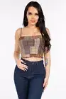Bear Dance Plaid Patchwork Printed Mesh Crop Top Size Small
