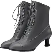 [HOBTEC] Lace Up Ankle Boots for Women Block Heel Victorian Boots