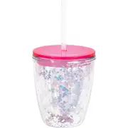 Clear Double Wall Tumbler Cup with Iridescent Glitter and Straw 425ml
