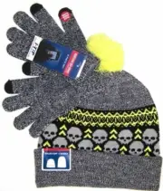 Boy's Skull Knit Hat & Gloves Set NWT Gray Youth OSFM