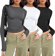AUTOMET Womens 3 Pack Long Sleeve Shirts Basic Crop Tops Going Out Fall Fashion Underscrubs Layer Slim Fit Y2K Tops