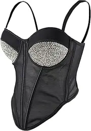 [ELLACCI] Women's Rhinestone Mesh Corset Top Sexy Club Party Bustier Tops Black