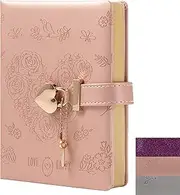 Heart Lock Journal Notebook with Key, Flower PU Leather Diary, B6 Journal for Writing, 144 Sheets Lined Paper for Girls, Women (Flower Pink)