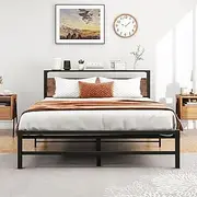 VERFARM Queen Bed Frame with Wood Storage Headboard, Metal Platform Bed Frame Queen Size No Box Spring Needed, Strong Slats Mattress Foundation, Non-Slip Noise Free, Easy Assembly