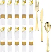 10 Pack Plastic Cutlery Set, Elegant Plastic Silverware Set, Reusable Flatware Set, Tableware Party Cutlery, Camping Cutlery Combo with Spoon Knife Fork Sets Wrapped in White Napkin (Gold)
