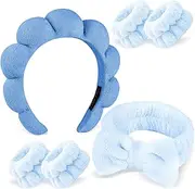 [Zkptops] 6Pcs Spa Headband for Washing Face Wristbands Set Women Bubble Skincare Makeup Sponge Terry Cloth Padded Puffy Headband Bow Tie Hairband Cute Non Slip Thick Hair Accessory Gifts(Sapphire Blue)