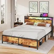 ADVWIN Double Size Bed Frame, LED Storage Wooden Headboard & Charging Station and USB Ports, Industrial Wooden Platform Bed with Metal Mattress Base Support, No Box Spring Needed