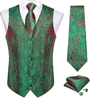 [DiBanGu] Men Vest and Tie Set 4 Pcs Paisley Tie Pocket Square Cufflinks Set Dress Waistcoat Vest Formal