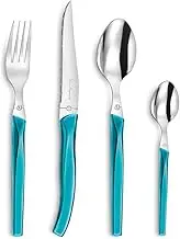 Lou Laguiole Rising Sun Cutlery Set for 6 People, 24 Pieces, Turquoise Shiny, Cutlery for 6 People, Dishwasher Safe, 18/0 Stainless Steel with Micro Teeth, 6 x Knife, Fork, Spoon and Coffee Spoon