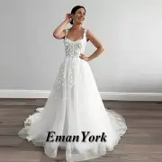 EmanY Exquisite A-line Wedding Dress for Pearls Lace Appliques Spaghetti Straps