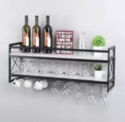 Industrial Stemware Wine Rack Wall Mounted with Wood Shelves,2 Tier Stemware