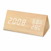 Digital Alarm Clock, Wooden Electronic LED Time Date Display Temperature Humi...