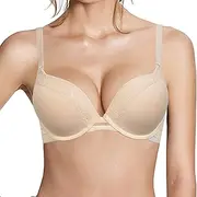 [Pushlus] Push Up Thick Padded Plunge Underwire T Shirt Lace Bra Lift Support for Women Add One Cup