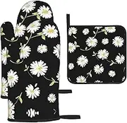 Daisy Print Heat Resistant BBQ Gloves Oven Mitts and Pot Holders Set for Kitchen Baking Set