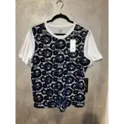 Tory Burch Preppy Edgy Goth Girly Lace-Front T-shirt White & Blue Velvet