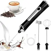 Handheld Electric Milk Frother with 2 Heads, Coffee Whisk Foam Mixer with USB-C Rechargeable 3 Speeds, Foam Maker Blender for Latte, Cappuccino, Hot Chocolate, Egg, Matcha (Black)