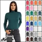 Womens Polo Neck T-Shirt Long Sleeve Stretchy Casual Basic Plain High Neck Top
