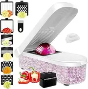 Vegetable Chopper Cutter Stainless Steel Slicer Cheese Grater Food Onion Salad Veggie Food Chopper with Container for Onion Salad (White)