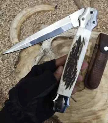 Custom Handmade under Lock Stag Antler Folding Bowie knife With Sheath