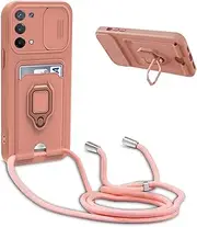 [xinyunew] Sliding Camera Protection Silicone Mobile Phone Chain Case Compatible with Oppo A54 4G/A16/A16S/A55/A53S 5G, Metal Ring Holder Mobile Phone Cover, Adjustable Necklace Mobile Phone Case, Pink
