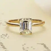 2Ct Emerald-Cut Real Moissanite Solitaire Engagement Ring 14K Yellow Gold Plated