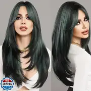 7JHH WIGS Long Straight Wigs with Curtain Bangs,Green Highlight Layered Wig f