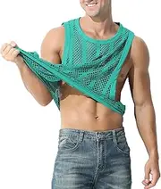 HASWECHYS Mens Mesh Fishnet Tank Tops Sleeveless Stripe See Through Fitted Muscle Top Workout Beach Shirts