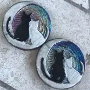 (2) Cats on the Moon "I am Loved" Medallions Raku Pottery NEW