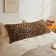 XeGe 20x54 Fluffy Leopard Print Body Pillow Cover, Cheetah Print Plush Fuzzy Faux Fur Body Pillowcase with Zipper, Farmhouse Shaggy Furry Long Pillow Cover for Pregnant Women Side Sleeper, Brown