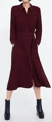 NWT ZARA Peasant Bohemian Plaided Button Down Midi Flare Dress sz L