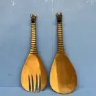 Hand Carved African Wooden Zebra Salad Serving Spoon Fork Set 11.5" Vintage