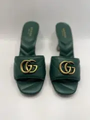 GUCCI Nappa Matelasse GG Marmont 75mm Slide Sandals Heel GREEN SZ US 5.5 G 35.5
